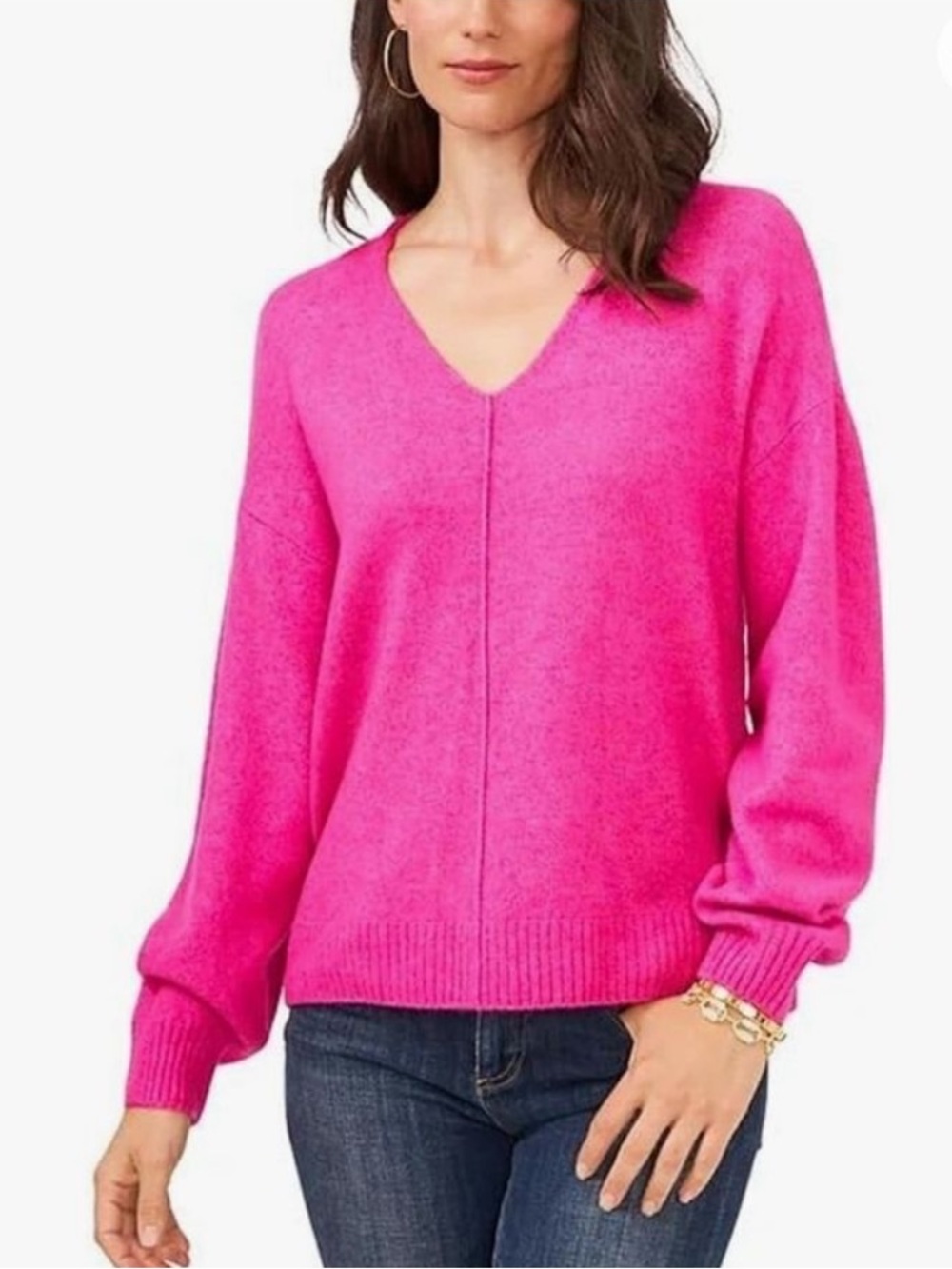Vince Camuto Hot Pink Center Seam V-Neck Sweater Size Small